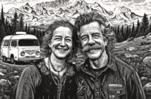 A smiling middle-aged couple stands in front of a scenic mountain landscape, with a vintage van parked nearby among pine trees and rocky terrain. The image is in a black-and-white, detailed, engraved style.