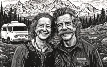 A smiling middle-aged couple stands in front of a scenic mountain landscape, with a vintage van parked nearby among pine trees and rocky terrain. The image is in a black-and-white, detailed, engraved style.