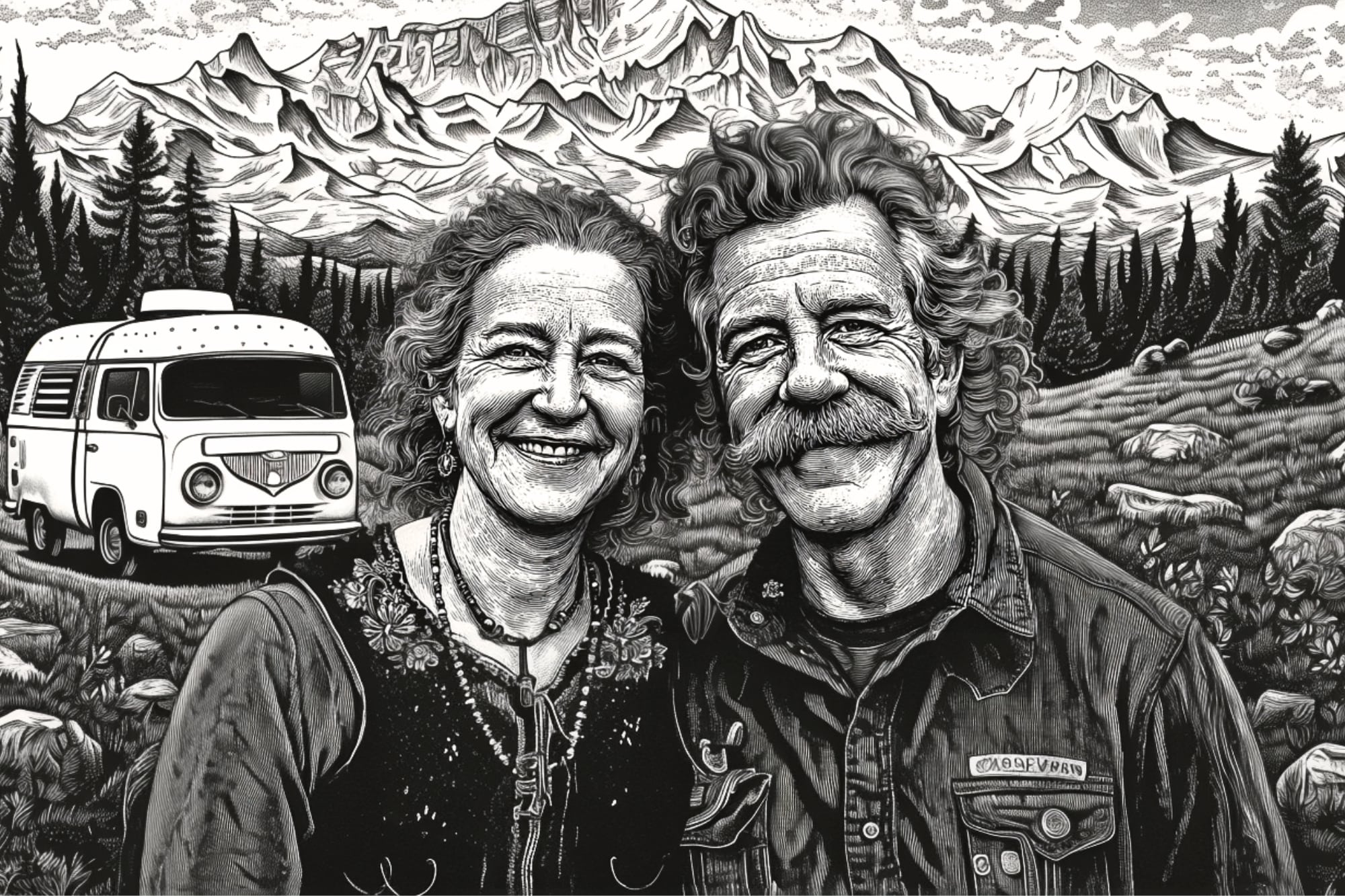 A smiling middle-aged couple stands in front of a scenic mountain landscape, with a vintage van parked nearby among pine trees and rocky terrain. The image is in a black-and-white, detailed, engraved style.