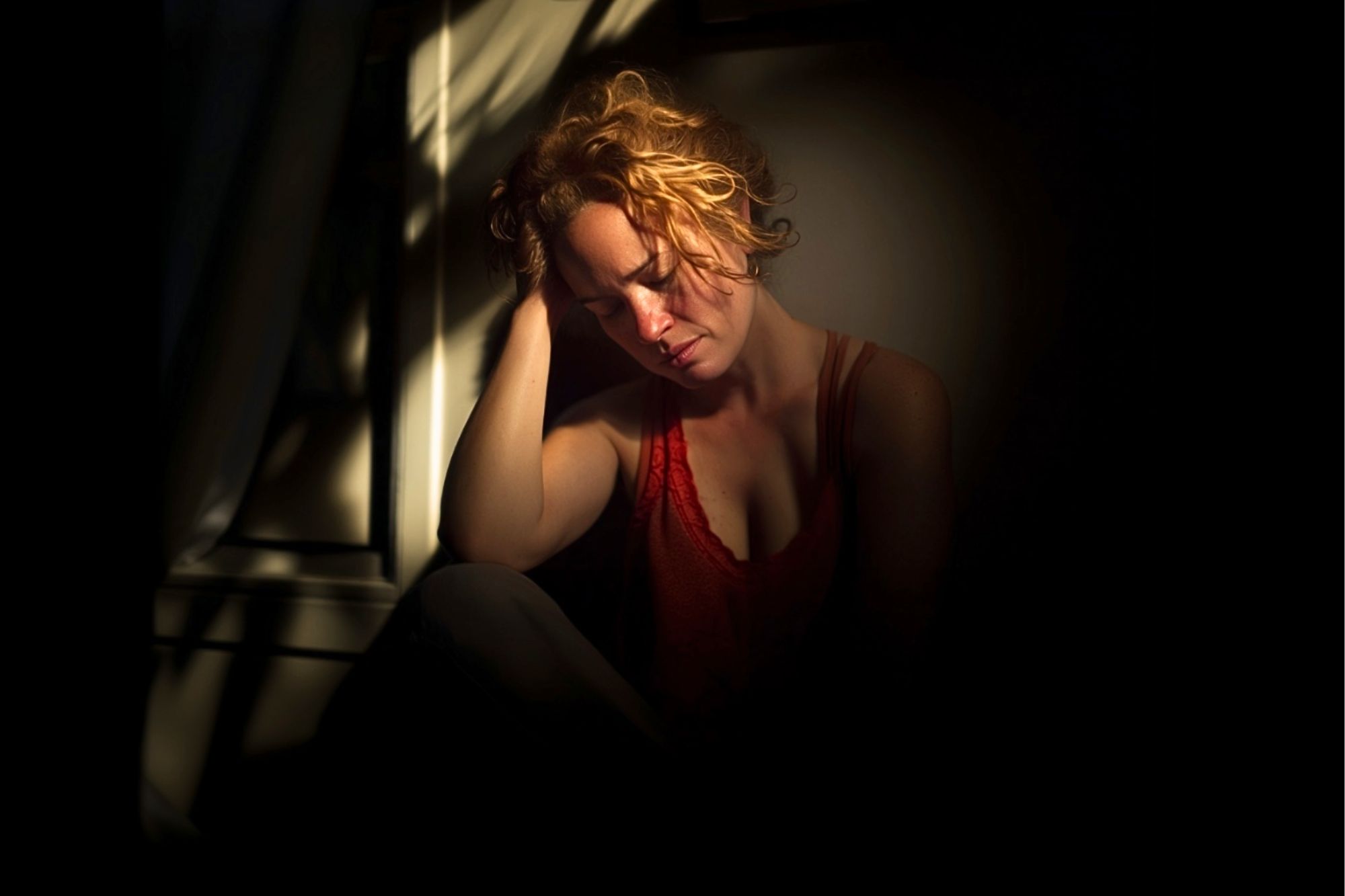 A woman with curly hair sits in a dark room, lit by sunlight through a window. She is wearing a red top, resting her head on her hand, with a thoughtful or tired expression. Shadows fall across her face and body.