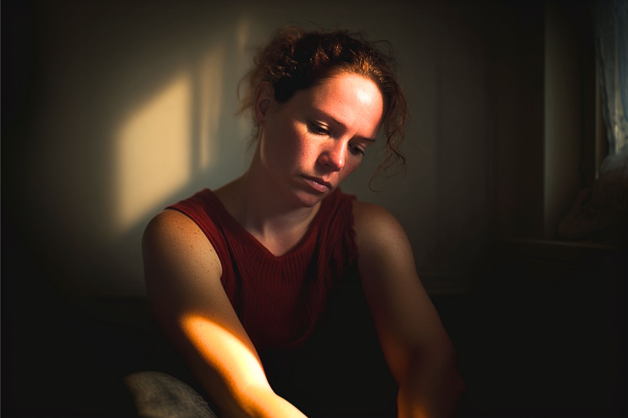 A woman with curly hair in a red sleeveless top sits in dim light, looking down with a somber expression. Sunlight creates a soft, warm highlight on her face and arm, with deep shadows around her.