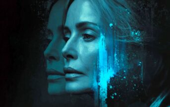 A woman’s face, lit with blue light, is shown in profile beside a blurred reflection. Blue paint-like splashes add an abstract element, creating a mysterious, introspective mood.