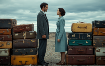 A man and woman in vintage coats stand facing each other on a rocky ground, separated by two tall stacks of old suitcases under a cloudy sky.