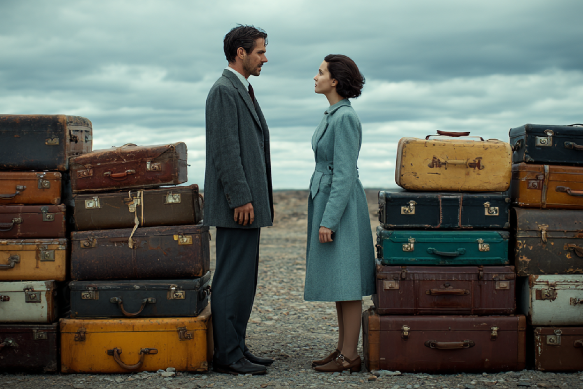 A man and woman in vintage coats stand facing each other on a rocky ground, separated by two tall stacks of old suitcases under a cloudy sky.