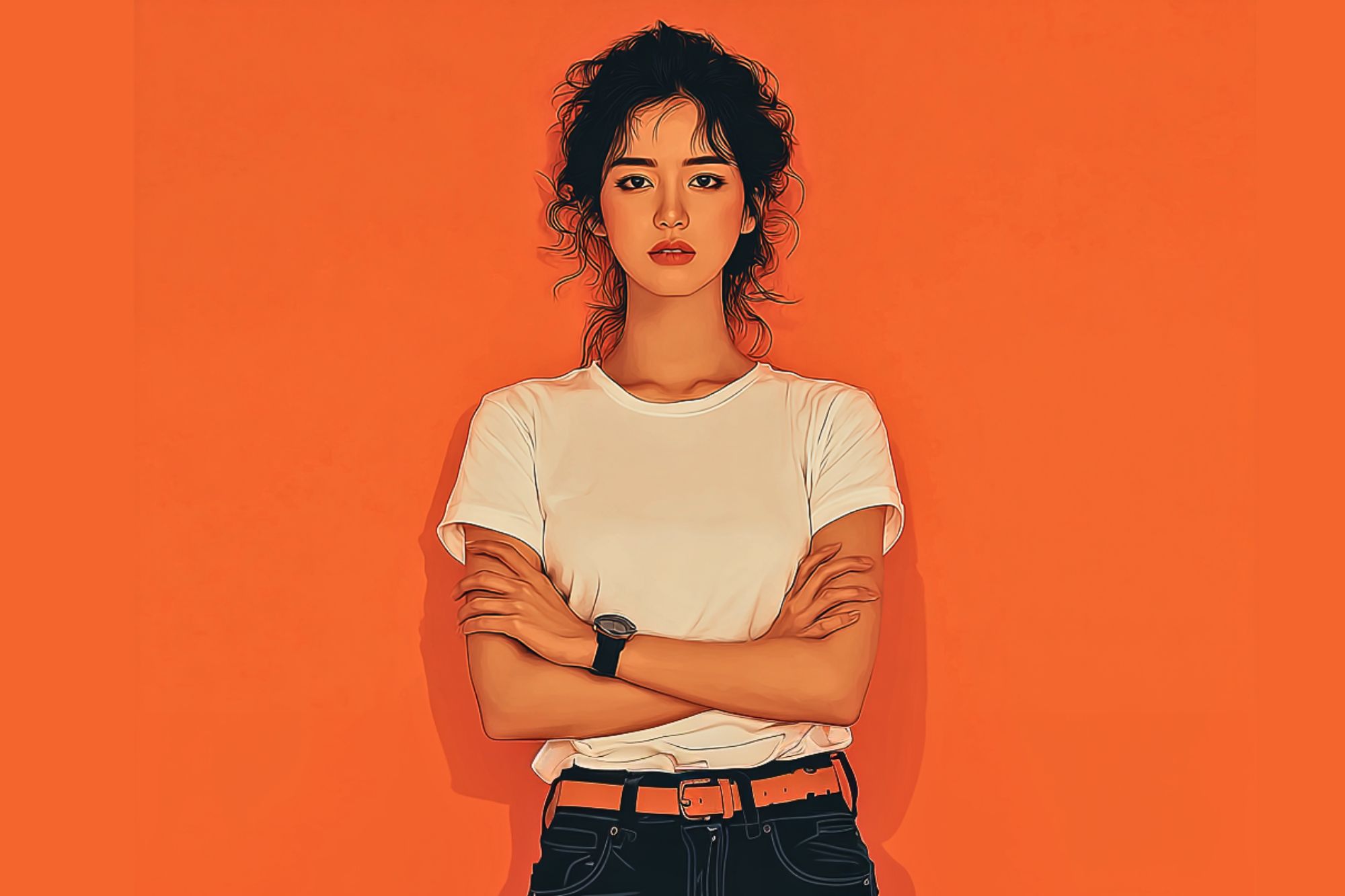 A woman with curly hair stands against an orange background, wearing a white t-shirt, black jeans, and an orange belt. She has her arms crossed and a neutral expression on her face.