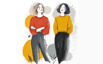 Illustration of two women standing side by side. One has wavy light hair, wears a red sweater and dark pants; the other has short dark hair, wears a yellow sweater and black pants. Abstract yellow and gray shapes are in the background.