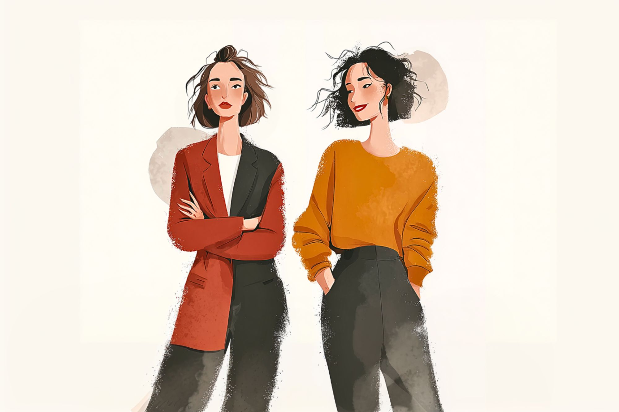 An illustration of two women standing side by side; one wears a red blazer and black pants with arms crossed, the other wears an orange sweater and dark pants with hands in pockets. Both have short, wavy hair and are smiling.