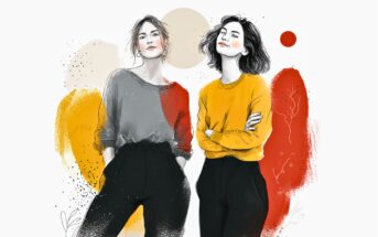Two women stand confidently side by side, wearing casual outfits with abstract red and yellow shapes in the background, created in a modern, artistic illustration style.