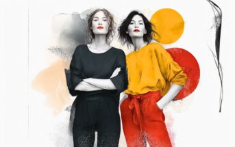 Two women stand confidently; one wears a black outfit, the other wears a yellow top with red pants. The background features abstract orange and red circles and artistic brush strokes, giving the image a modern, stylish feel.