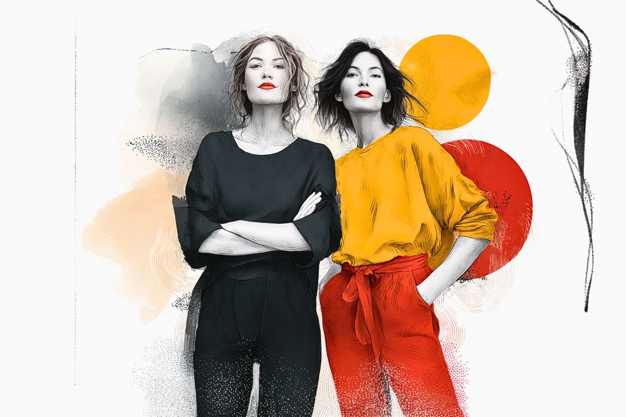 Two women stand confidently; one wears a black outfit, the other wears a yellow top with red pants. The background features abstract orange and red circles and artistic brush strokes, giving the image a modern, stylish feel.