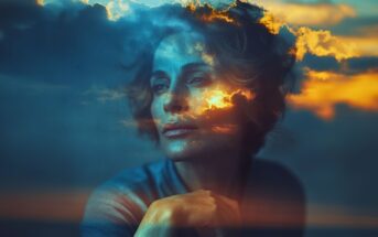 A contemplative woman’s face is blended with a dramatic sunset sky, clouds and sunlight intertwining with her features, creating a dreamlike double exposure effect.