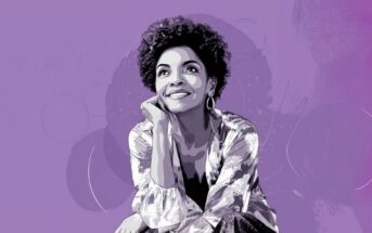Illustration of a smiling woman with curly hair, resting her chin on her hand, wearing hoop earrings and a patterned blouse. The background is purple with abstract circular shapes.