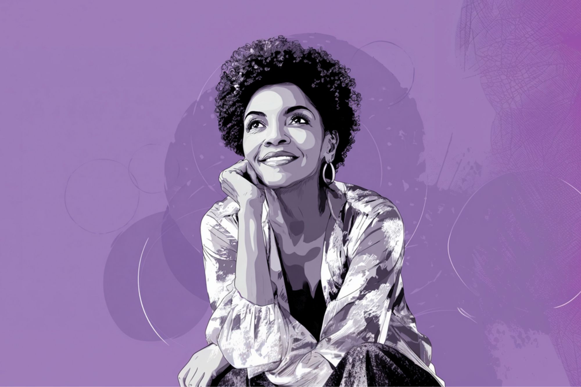 Illustration of a smiling woman with curly hair, resting her chin on her hand, wearing hoop earrings and a patterned blouse. The background is purple with abstract circular shapes.