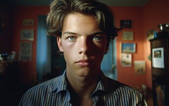 A teenage boy with tousled brown hair and green eyes, wearing a striped shirt, stands indoors against a reddish-orange wall decorated with framed pictures. Soft light highlights his face, creating a serious expression.