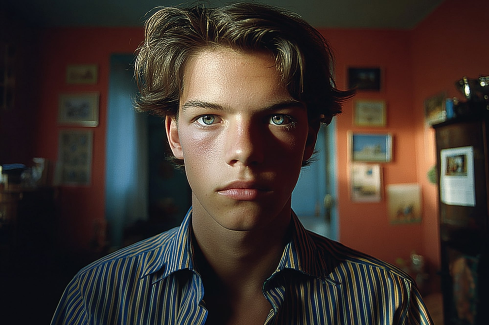A teenage boy with tousled brown hair and green eyes, wearing a striped shirt, stands indoors against a reddish-orange wall decorated with framed pictures. Soft light highlights his face, creating a serious expression.
