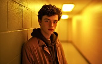 A young person with curly hair and a serious expression leans against a yellow-lit hallway wall, wearing a brown jacket over a dark hoodie. The background is softly blurred.