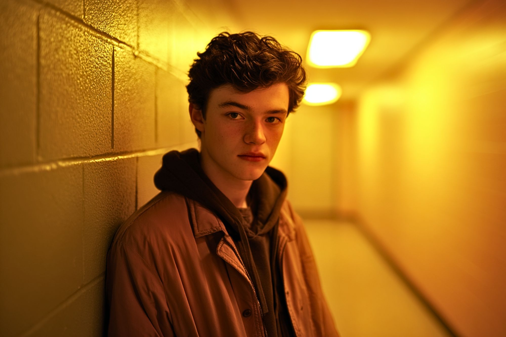 A young person with curly hair and a serious expression leans against a yellow-lit hallway wall, wearing a brown jacket over a dark hoodie. The background is softly blurred.