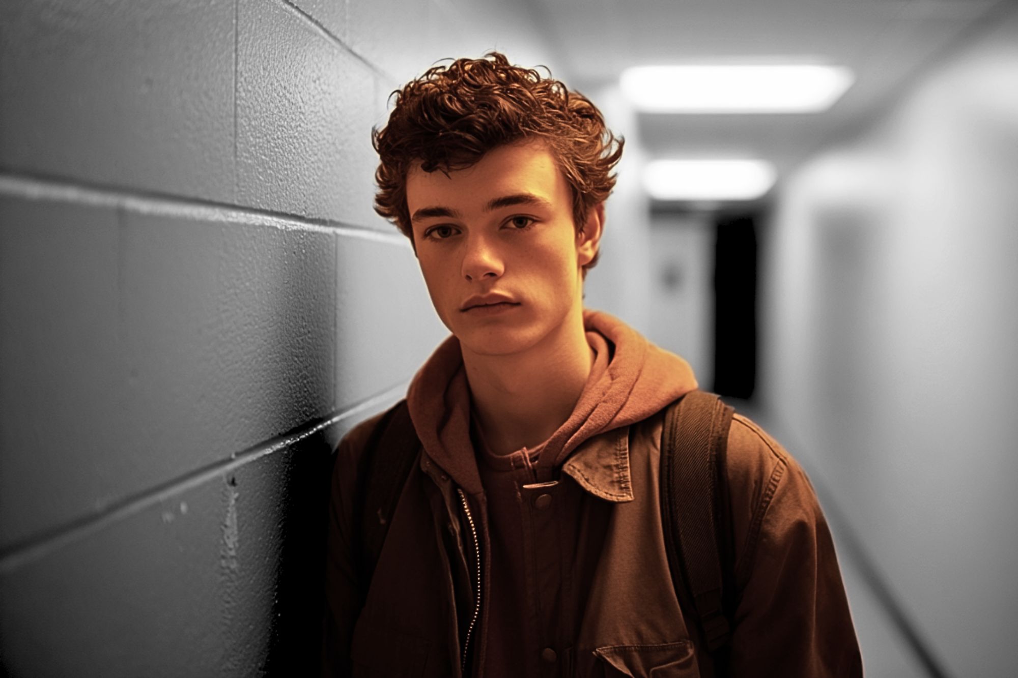 A teenage boy with curly hair, wearing a brown jacket and backpack, stands against a blue hallway wall under fluorescent lighting, looking thoughtfully at the camera.