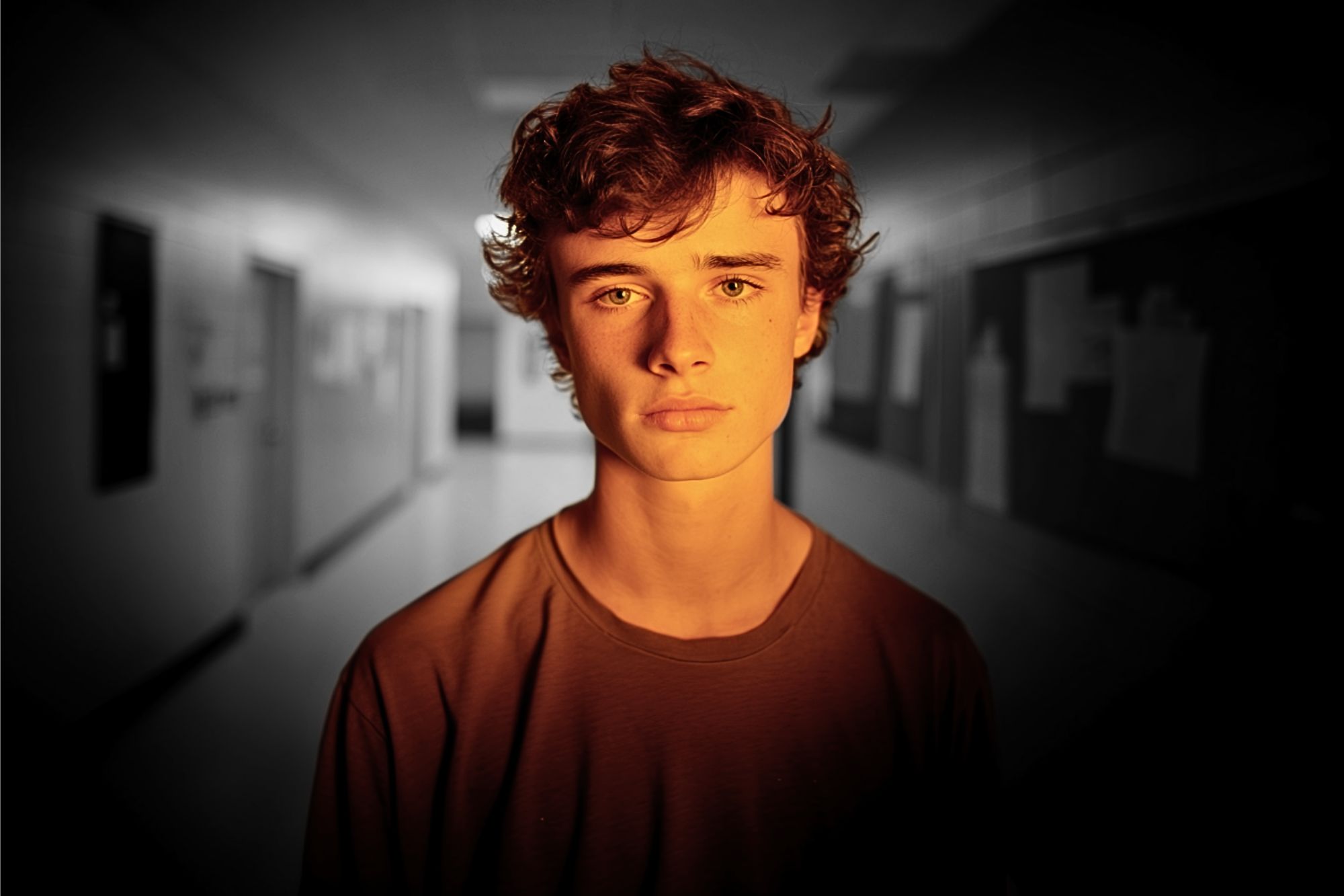 A teenage boy with curly hair stands in a dimly lit school hallway, looking seriously at the camera. The background is blurred, drawing focus to his expression.
