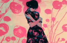 A woman in a floral dress stands with arms crossed, eyes closed, and head bowed. She is surrounded by abstract pink circular shapes and floral patterns on a soft pastel background.