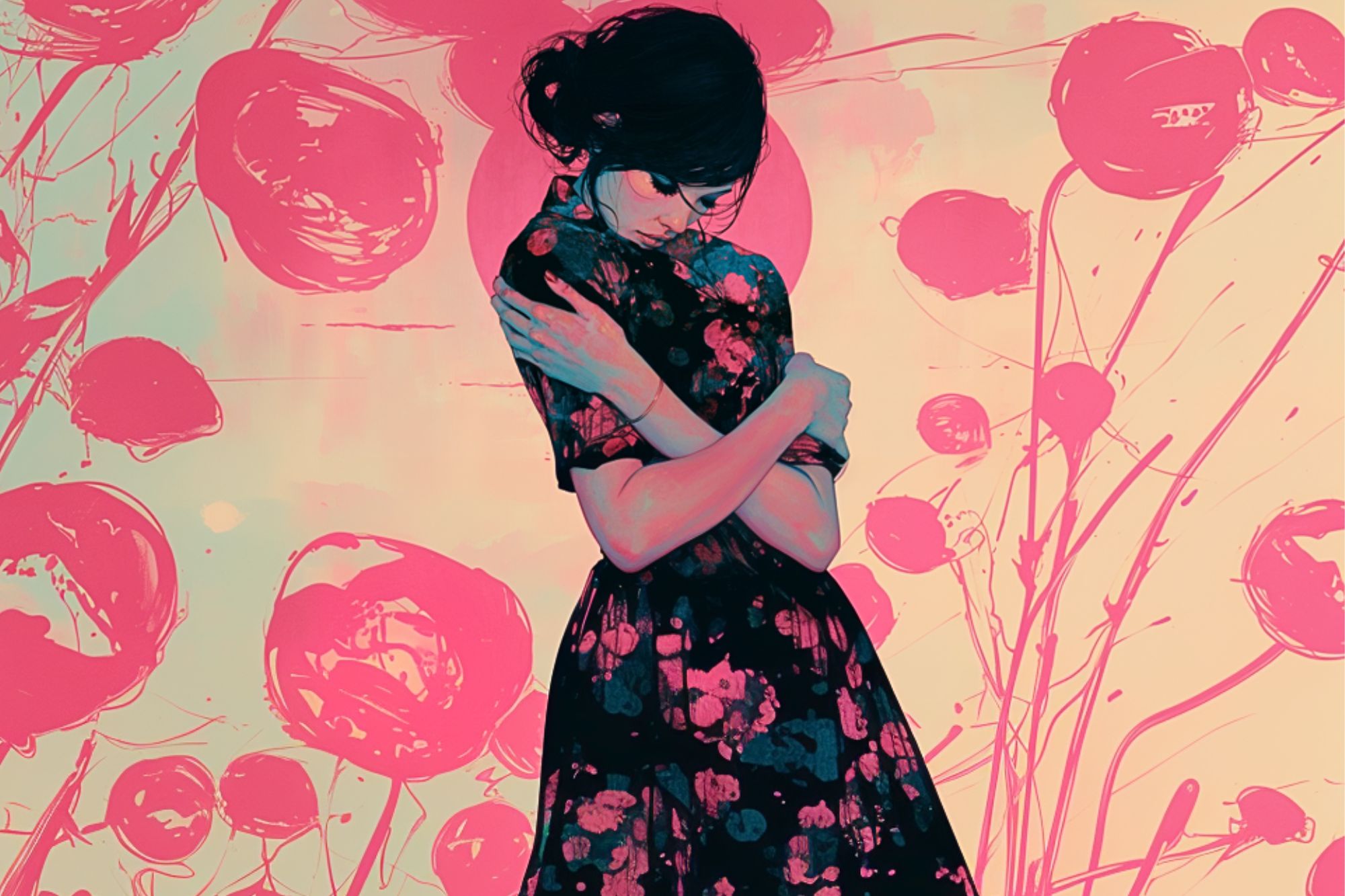 A woman in a floral dress stands with arms crossed, eyes closed, and head bowed. She is surrounded by abstract pink circular shapes and floral patterns on a soft pastel background.