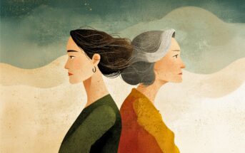 Illustration of two women standing back to back. One is young with dark hair in a bun and wearing green, the other is older with gray hair and wearing orange. The background features soft, abstract shapes.
