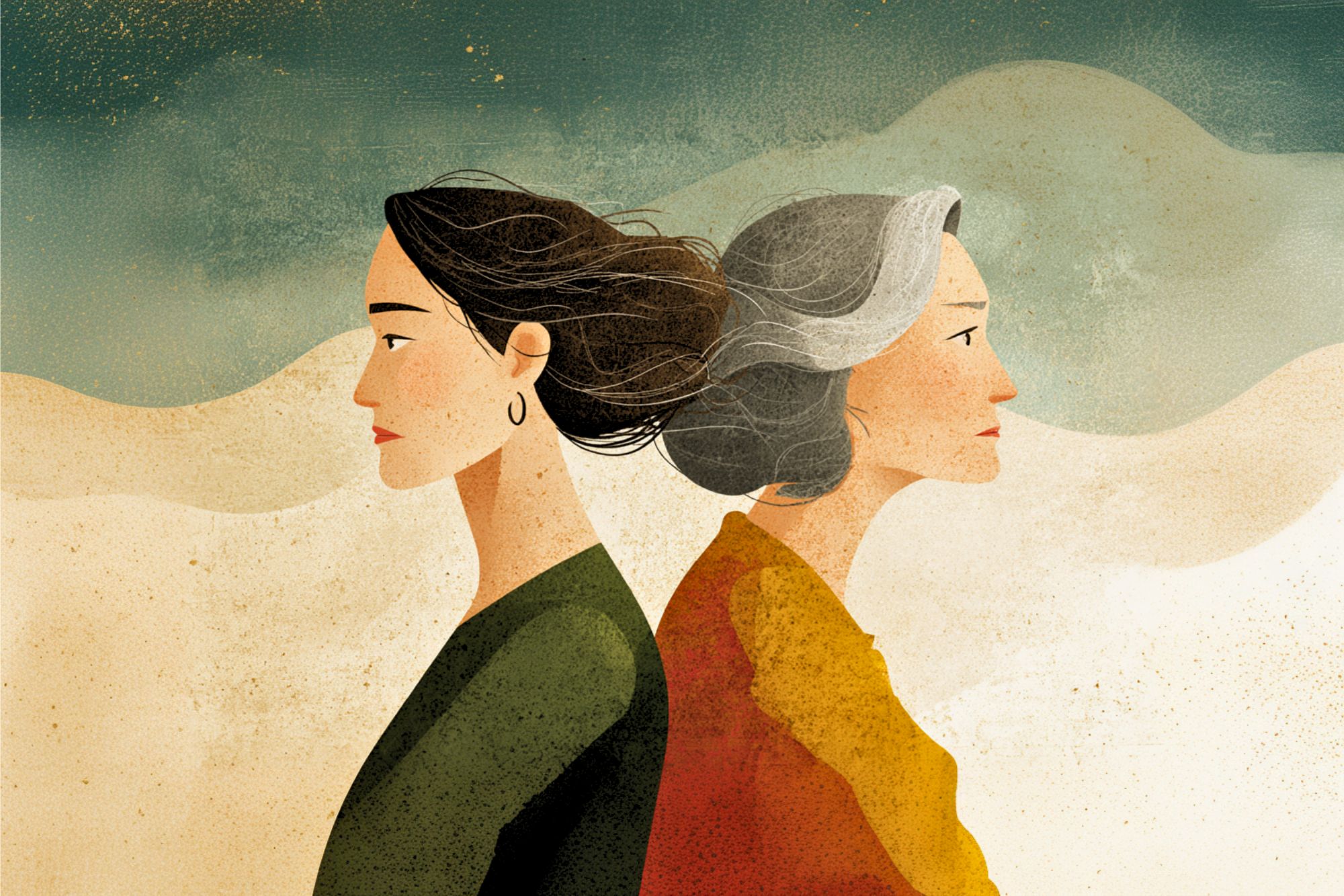 Illustration of two women standing back to back. One is young with dark hair in a bun and wearing green, the other is older with gray hair and wearing orange. The background features soft, abstract shapes.