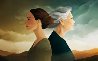 An illustration of a young woman and an older woman standing back to back, both facing opposite directions. The background shows a landscape with mountains and dramatic skies, symbolizing the passage of time.