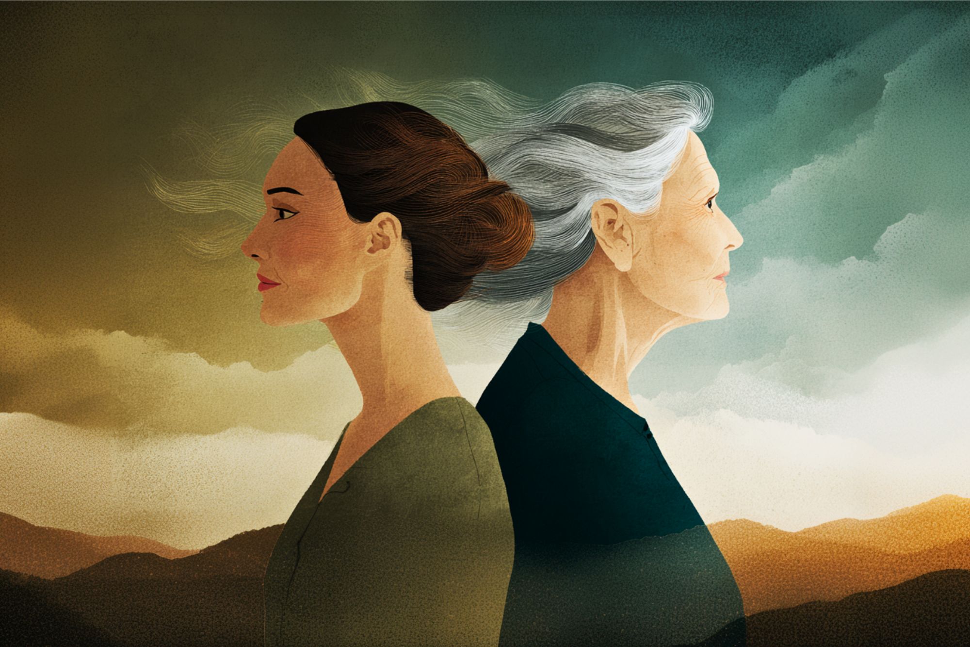 An illustration of a young woman and an older woman standing back to back, both facing opposite directions. The background shows a landscape with mountains and dramatic skies, symbolizing the passage of time.