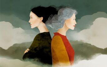 Illustration of two women standing back to back, one younger with dark hair and one older with gray hair, both in profile against a cloudy, moody background.
