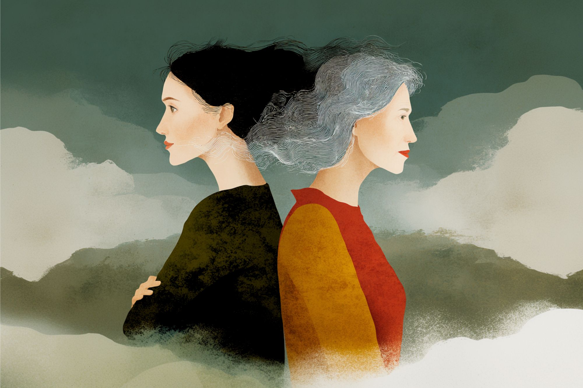 Illustration of two women standing back to back, one younger with dark hair and one older with gray hair, both in profile against a cloudy, moody background.