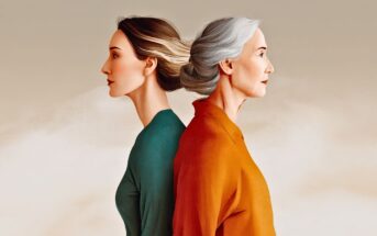 Two women standing back-to-back, one younger with brown hair and one older with gray hair.