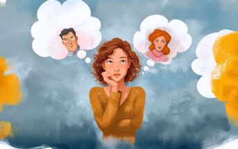 Illustration of a woman with curly hair, wearing a brown sweater, looking thoughtful. She has two thought bubbles: one with a man’s face and one with a woman’s face, suggesting she’s thinking about both people.
