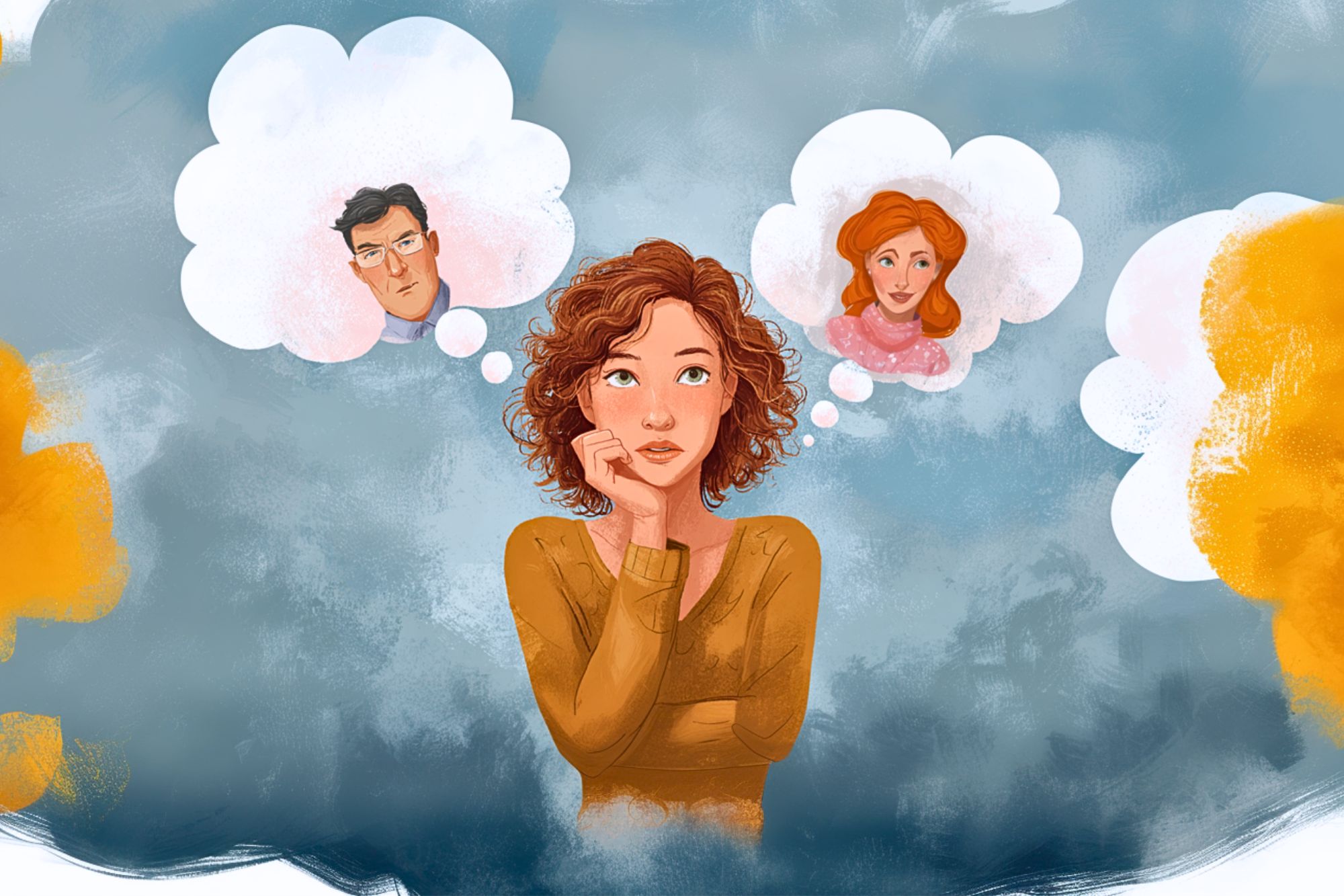 Illustration of a woman with curly hair, wearing a brown sweater, looking thoughtful. She has two thought bubbles: one with a man’s face and one with a woman’s face, suggesting she’s thinking about both people.