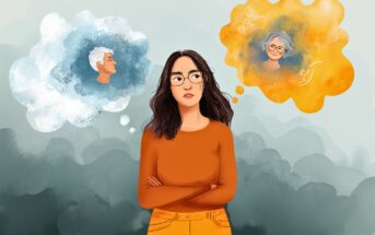 A woman with long dark hair and glasses stands with arms crossed, looking thoughtful. She has two thought bubbles showing an older man in blue and an older woman in orange.