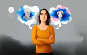 A woman in an orange shirt stands with arms crossed, thinking about two people shown in thought bubbles above her head against a gray background.