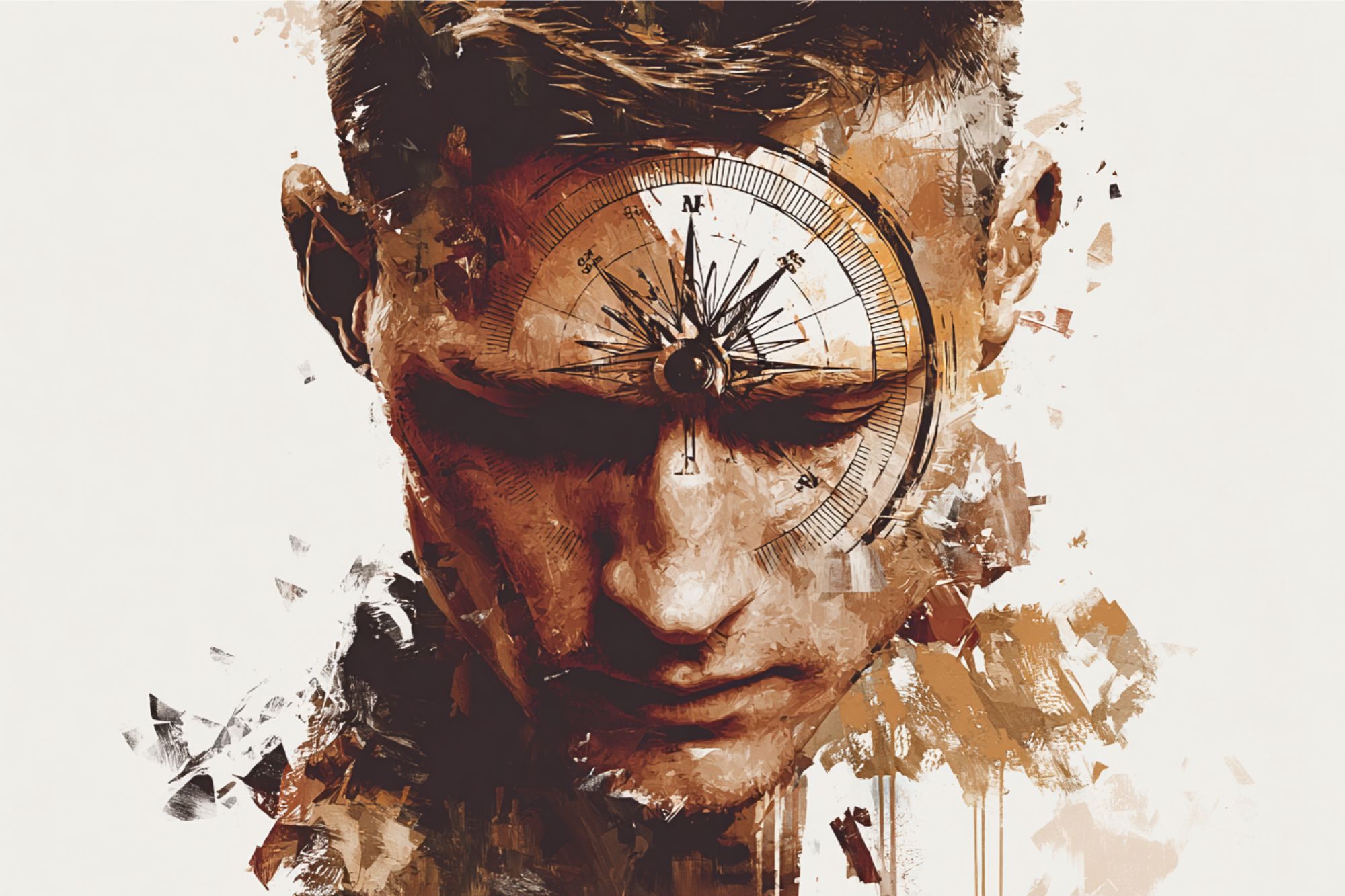 A digital painting of a man with his eyes closed, featuring a large compass superimposed on his forehead, symbolizing introspection and searching for direction. The image has abstract, splattered brown and beige tones.
