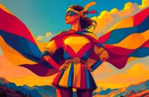A woman dressed as a superhero stands confidently with hands on hips, wearing a mask, cape, and costume in bold red, yellow, and blue colors. Mountains and a dramatic sky with clouds are in the background.