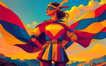 A woman dressed as a superhero stands confidently with hands on hips, wearing a mask, cape, and costume in bold red, yellow, and blue colors. Mountains and a dramatic sky with clouds are in the background.