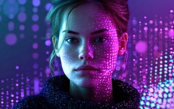 A young woman with brown hair is illuminated by purple and blue light, with glowing dot patterns projected across her face and futuristic digital bokeh in the background.