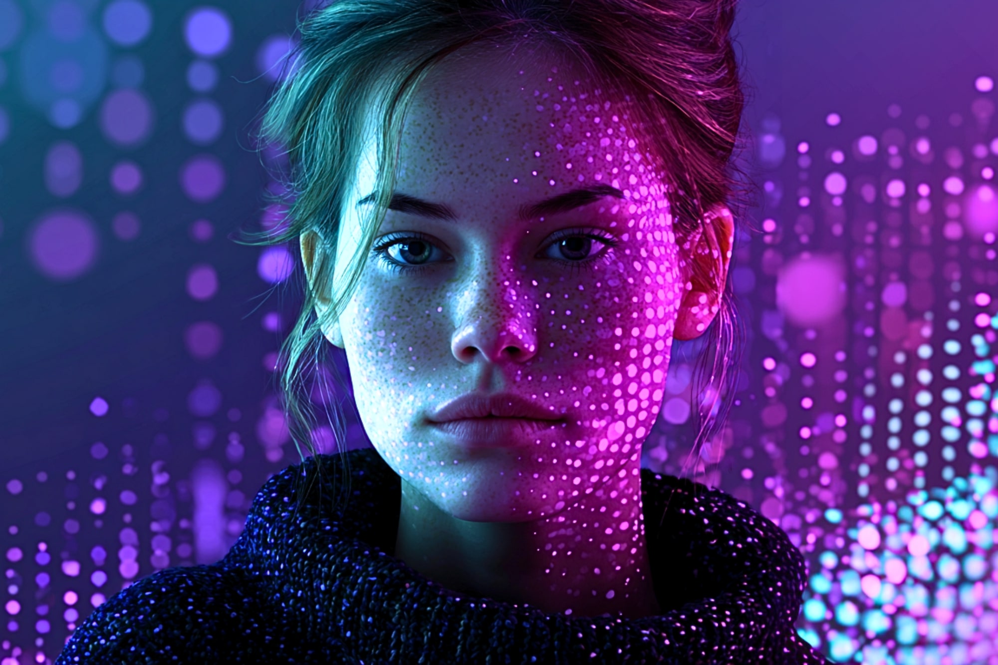 A young woman with brown hair is illuminated by purple and blue light, with glowing dot patterns projected across her face and futuristic digital bokeh in the background.