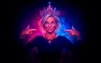 An older woman with gray hair and glasses wears a jeweled crown and points at it, smiling confidently. She’s dressed in dark clothing with jewelry, against a vibrant blue and pink smoky background.