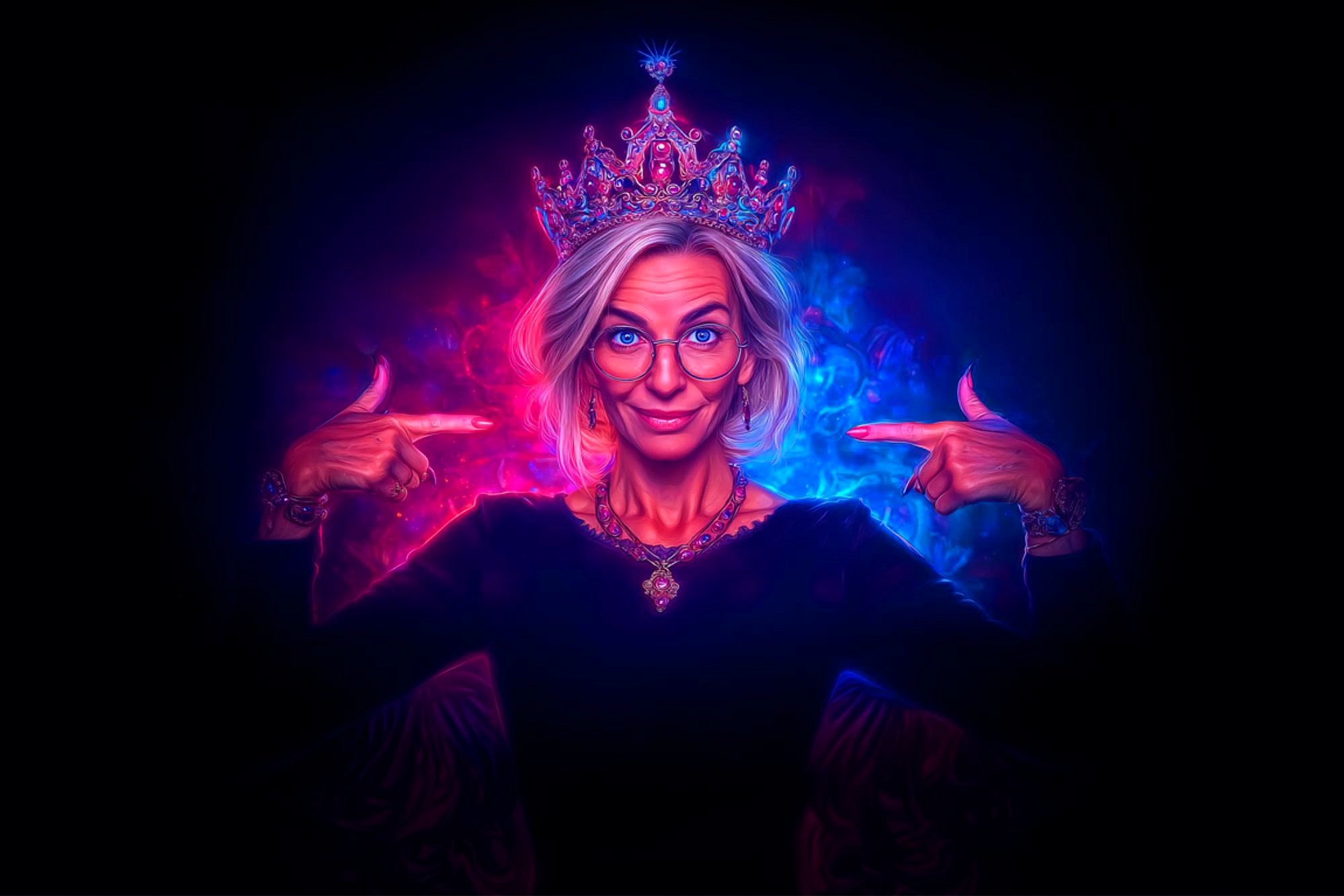 An older woman with gray hair and glasses wears a jeweled crown and points at it, smiling confidently. She’s dressed in dark clothing with jewelry, against a vibrant blue and pink smoky background.