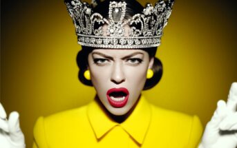 A woman wearing a sparkling crown, bright yellow coat, white gloves, and yellow earrings poses with an angry expression against a vivid yellow background.