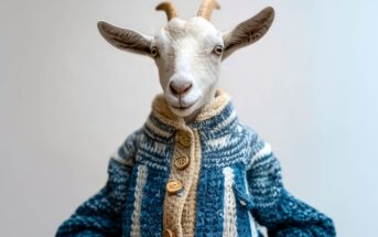 A white goat wearing a blue and beige knitted sweater with large buttons, standing against a plain light background.