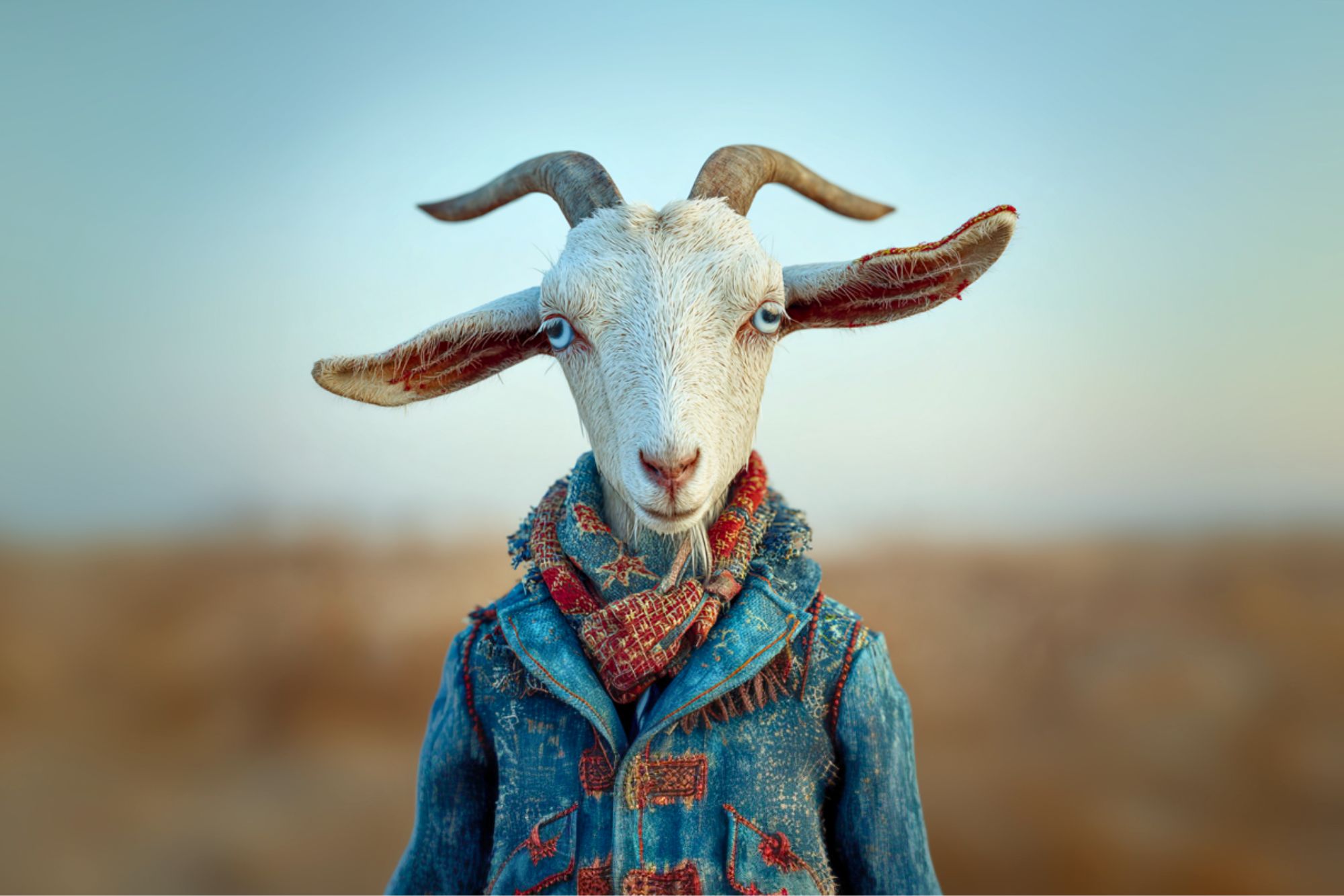 A goat with blue eyes and curved horns wears a patchwork denim jacket and a patterned scarf, standing upright against a blurred outdoor background. The image has a whimsical, surreal quality.