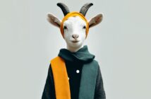 A goat wearing a yellow headband, a black and yellow scarf, and a dark textured sweater stands against a plain light background, giving a whimsical and fashionable appearance.