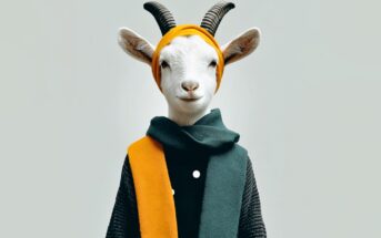 A goat wearing a yellow headband, a black and yellow scarf, and a dark textured sweater stands against a plain light background, giving a whimsical and fashionable appearance.