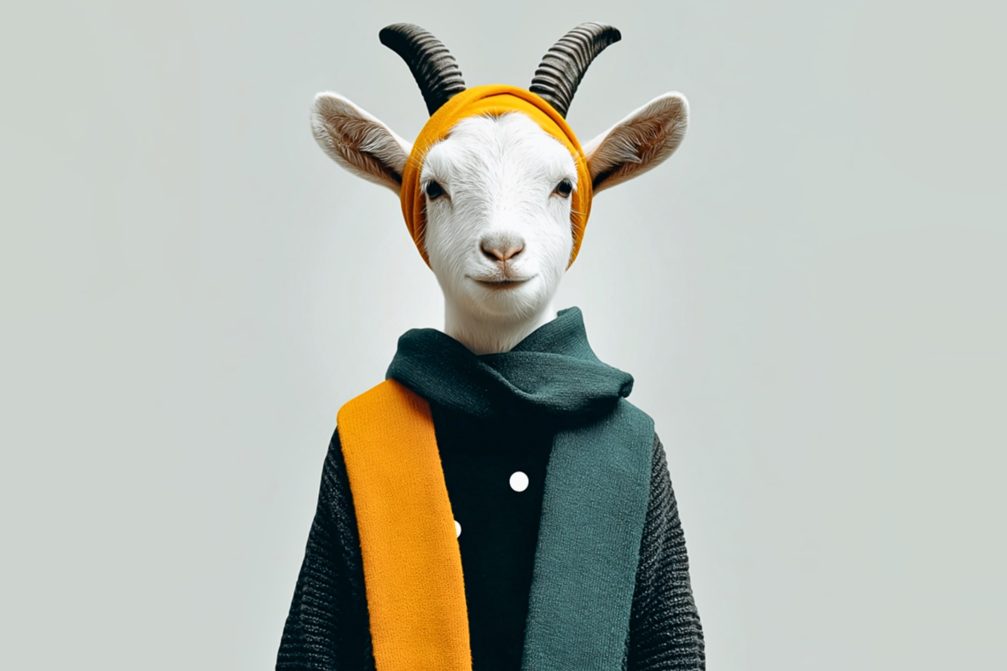 A goat wearing a yellow headband, a black and yellow scarf, and a dark textured sweater stands against a plain light background, giving a whimsical and fashionable appearance.