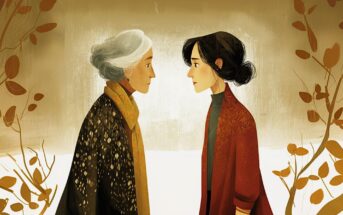 An illustration of an elderly woman with gray hair and a young woman with dark hair standing face-to-face, both wearing patterned shawls, surrounded by golden leaves on a warm, textured background.